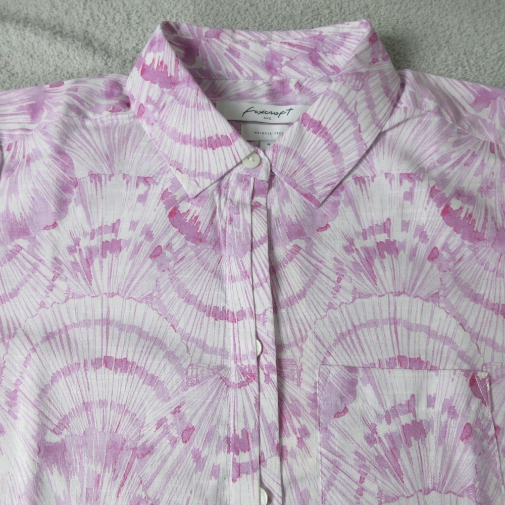 Foxcroft NYC Womens Button Up Shirt Pink White Fan Print Wrinkle Free Size 4